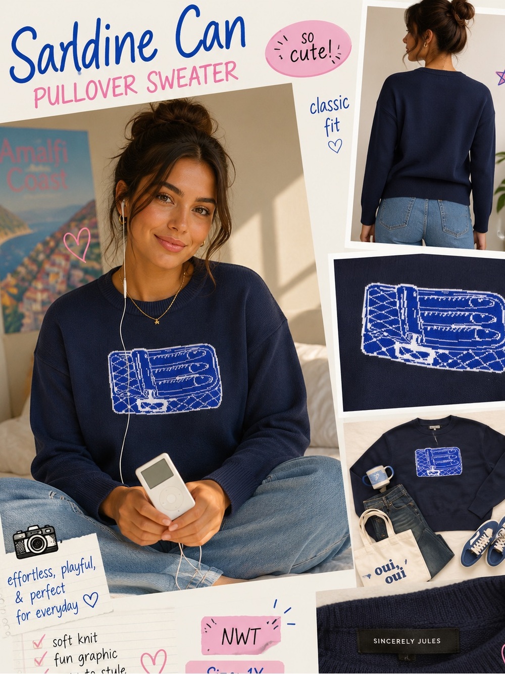 052 NWT Sincerely Jules Navy Pullover Sweater with Blue Sardine Can Graphic